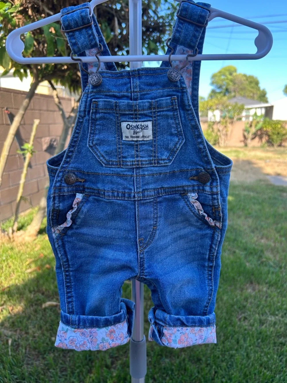 OshKosh B'gosh Dark Blue Denim with pink floral ruffle details 0/3 mos Overalls